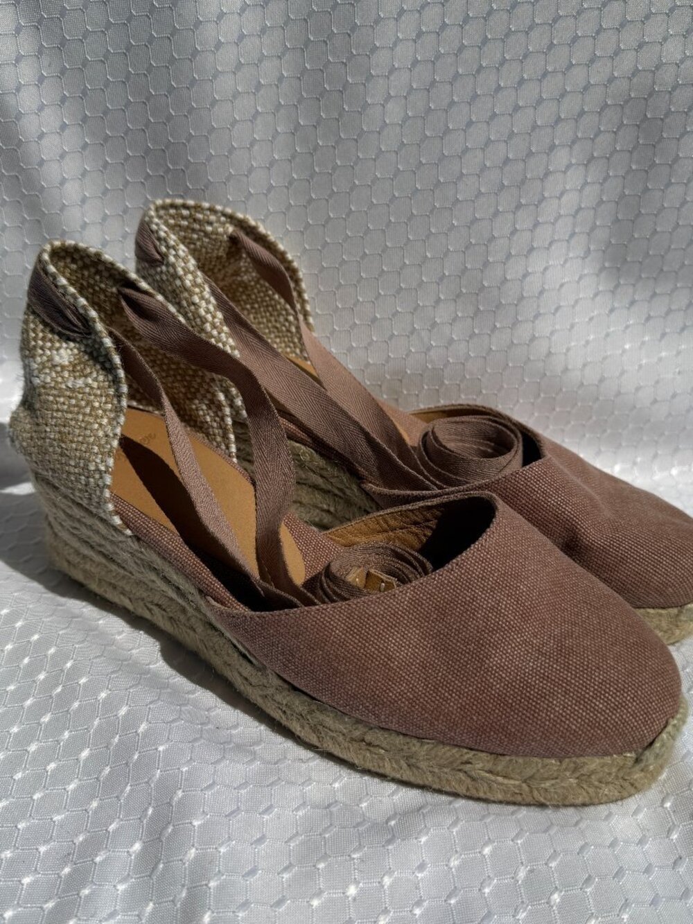 Castaner Carina Brown Canvas Ribbon Tie Ankle Jute Wrapped Wedge Espadrilles 38